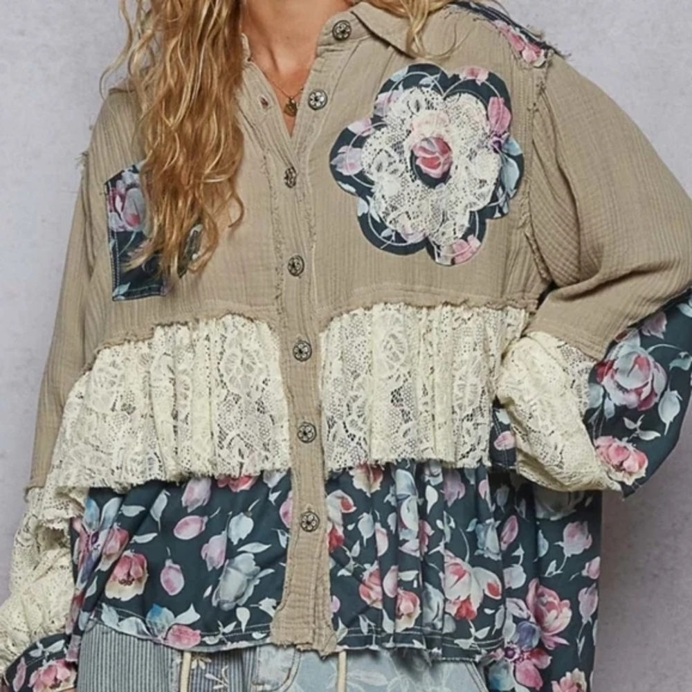 POL Beige Floral Patchwork Button Down Shirt - image 1